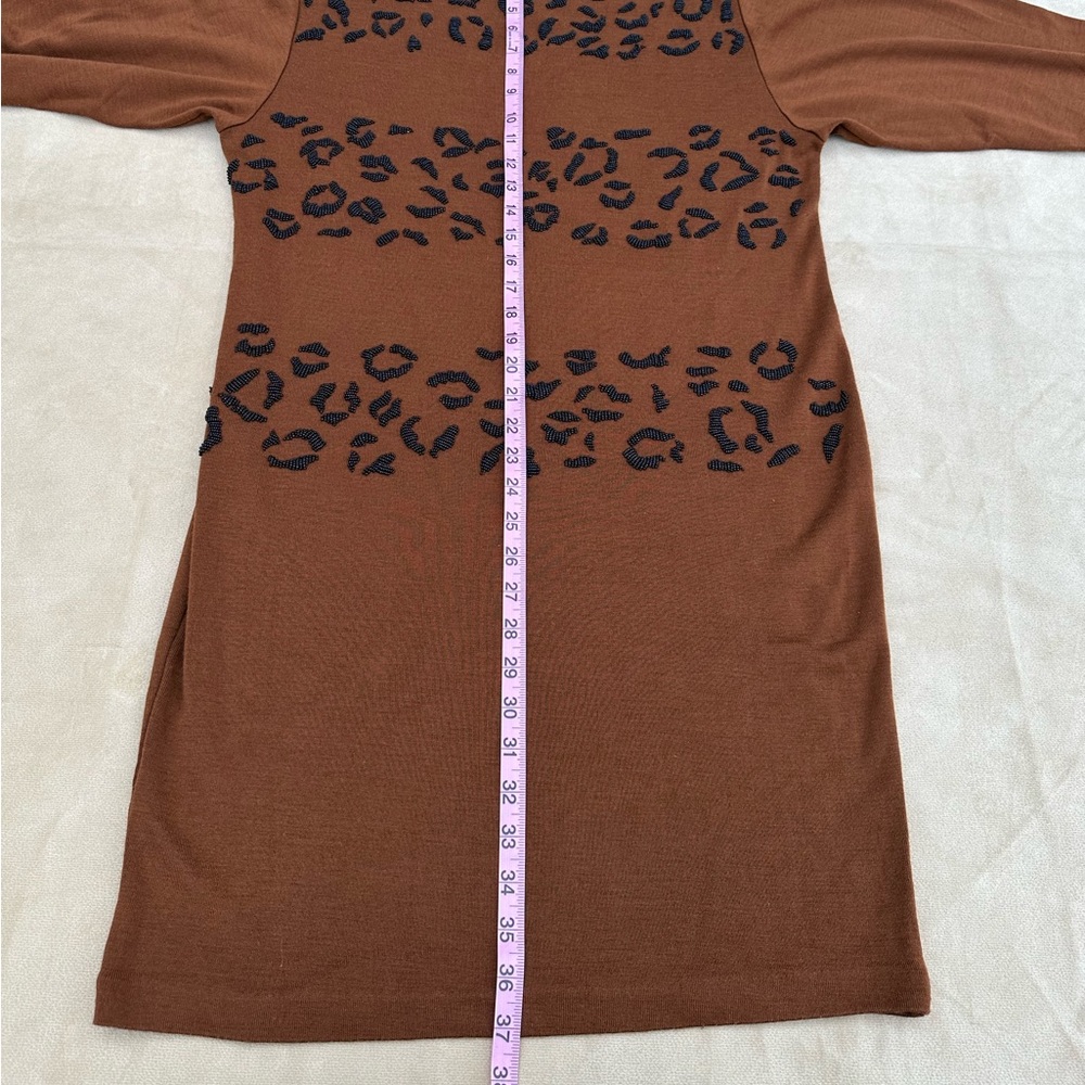 Carole Little Wool Vintage Brown Knit Sweater Dress | Beaded Leopard Embroidery - Picture 10 of 14